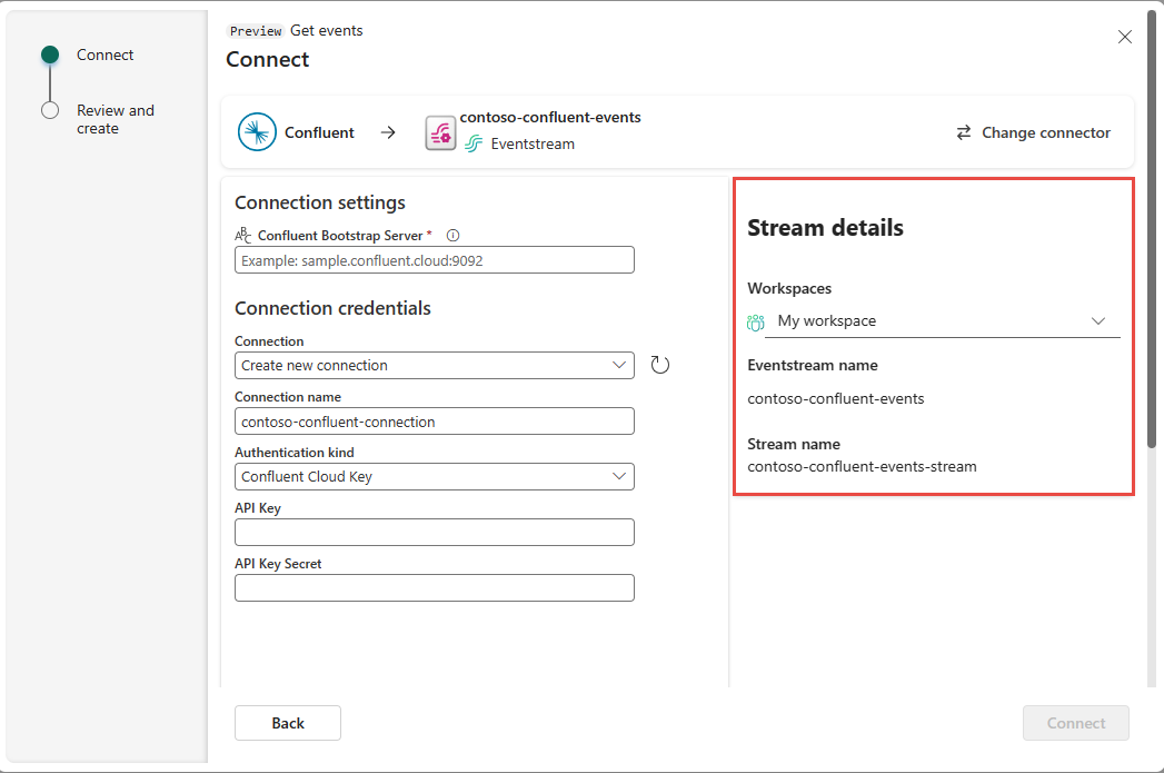 Confluent 接続設定ページの [ストリームの詳細] セクションが表示された、右側のウィンドウを示すスクリーンショット。