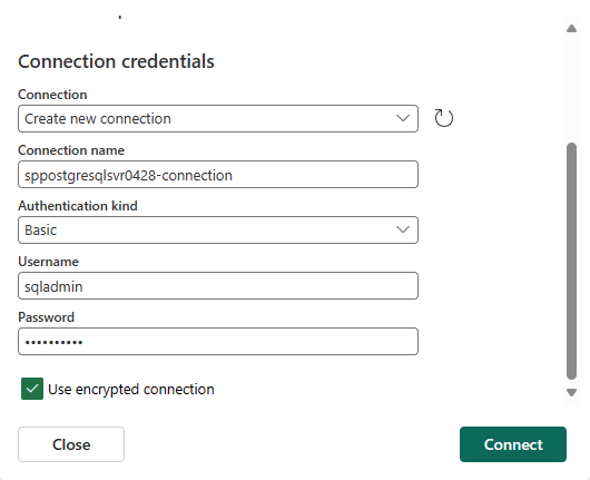 Azure PostgreSQL データベース コネクタの [接続資格情報] セクションを示すスクリーンショット。