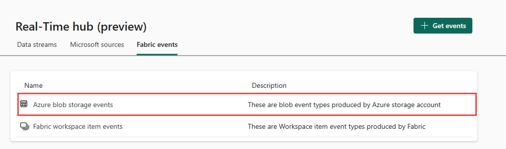 [ファブリック イベント] タブでの Azure BLOB ストレージ イベントの選択を示すスクリーンショット。