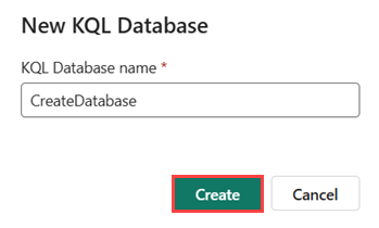 データベース名を示している [新規 KQL データベース] ウィンドウのスクリーンショット。[作成] ボタンが強調表示されている。
