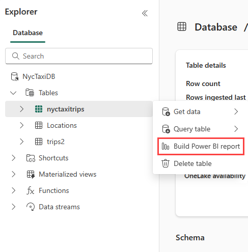 テーブルから Power BI レポートを構築するスクリーンショット。テーブル メニューが開いて、[Power BI レポートを構築] が選択されています。