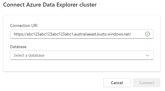 Azure Data Explorer クラスター URI を示す接続ウィンドウのスクリーンショット。[クラスターの接続] ボタンが強調表示されています。