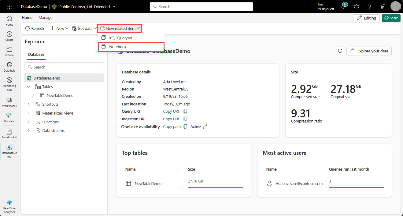 KQL データベースで関連項目としてノートブックを作成するスクリーンショット。