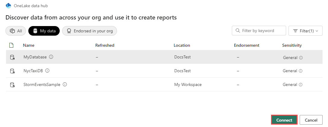 Power BI Desktop で接続可能な KQL データベースの一覧を示す OneLake データ ハブのスクリーンショット。