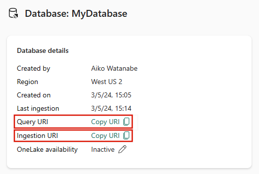 データベースの詳細が表示されている [データベースの詳細] カードのスクリーンショット。[クエリ URI] と [インジェスト URI] という名前のオプションが強調表示されています。