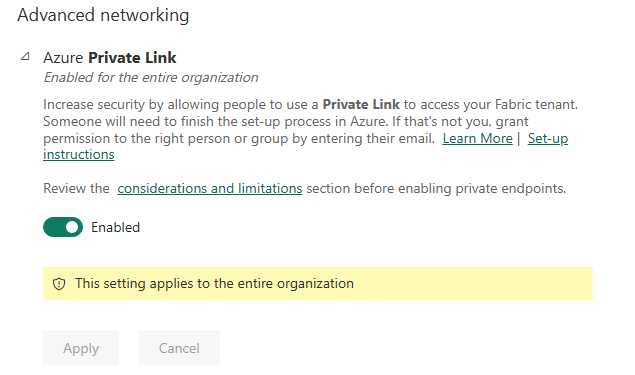 Azure Private Link テナント設定を表示するスクリーンショット。