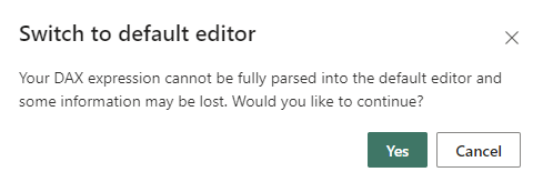 強化された行レベルのセキュリティ エディターで DAX エディターから既定のエディターに切り替えたときのエラー ダイアログ例のスクリーンショット。