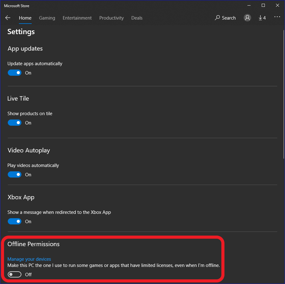 Microsoft Store のオフラインアクセス許可のスクリーンショット