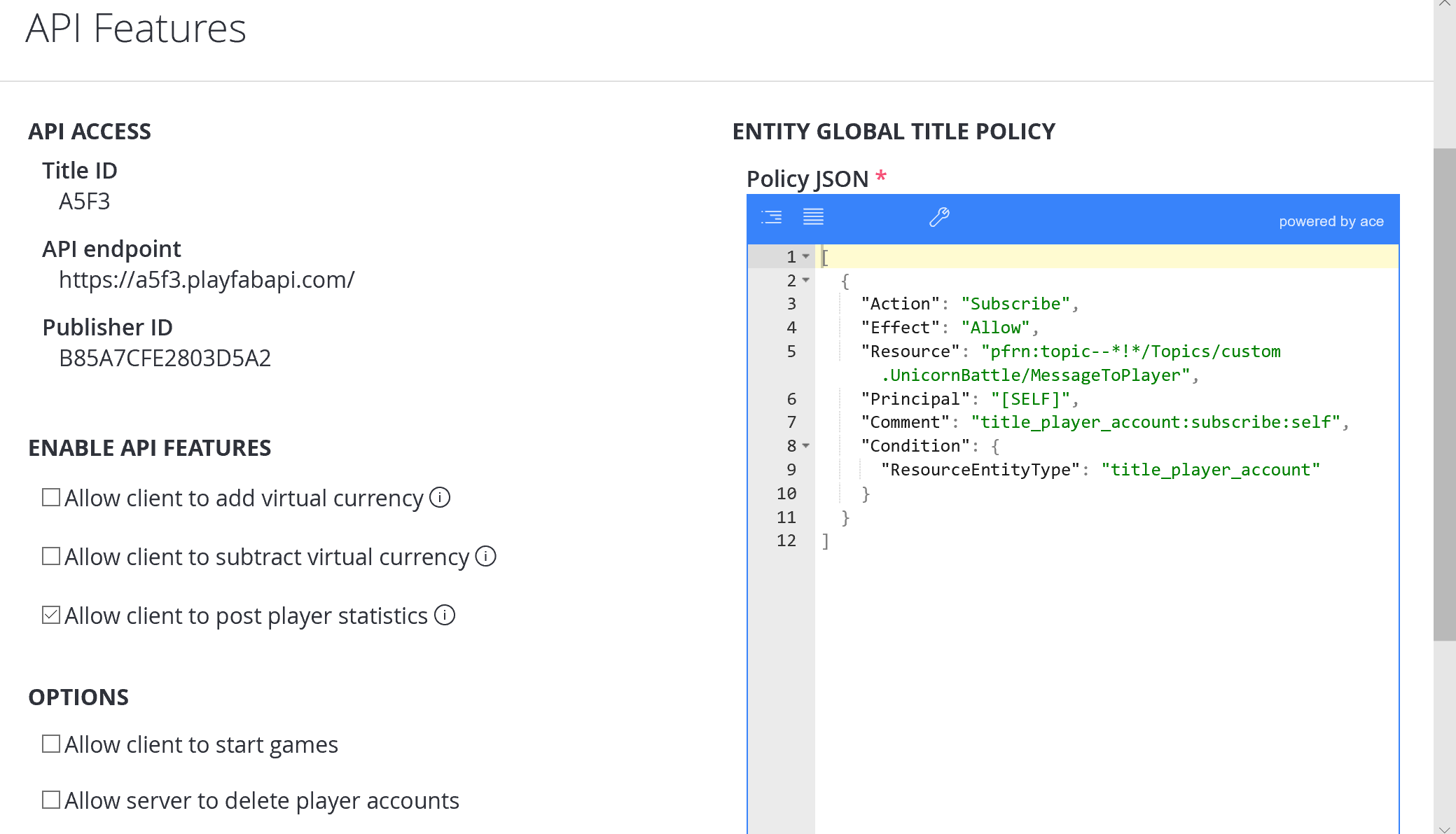 ゲーム マネージャー - 設定 - API 機能 - クライアントにプレイヤー統計情報のポストを許可する