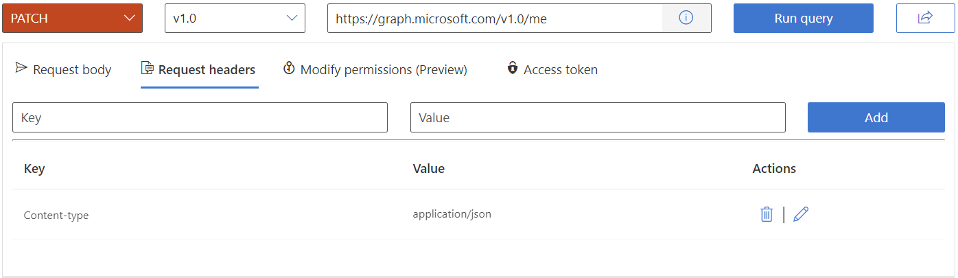 Graph エクスプローラーの要求ヘッダーのスクリーンショット。