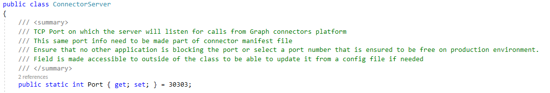 ポートの場所を示すConnectorServer.cs ファイルのスクリーンショット