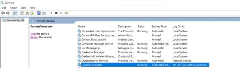 CustomConnector が実行されている services.msc のスクリーンショット