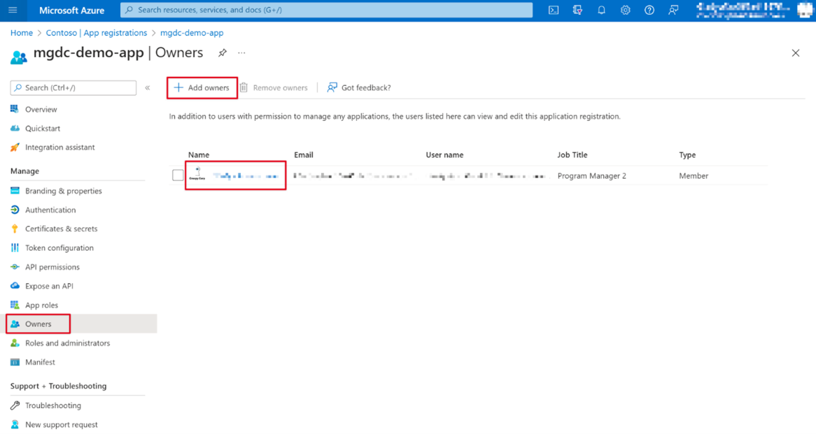 Azure portal でアプリケーション登録の所有者として設定されたユーザーを示すスクリーンショット。