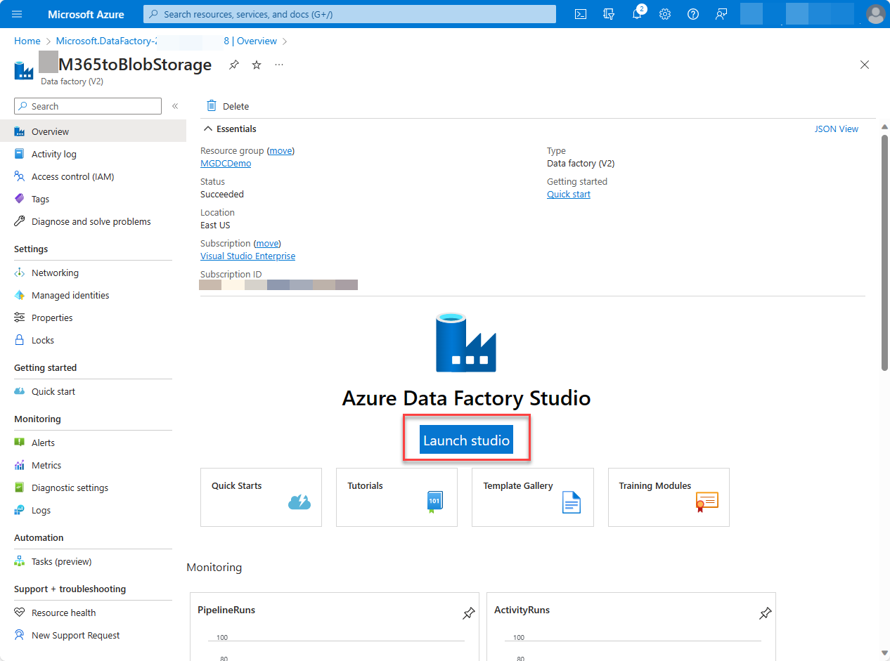 Azure Data Factory Studio を開くが強調表示されている Azure portal Data Factory サービス ページのスクリーンショット。