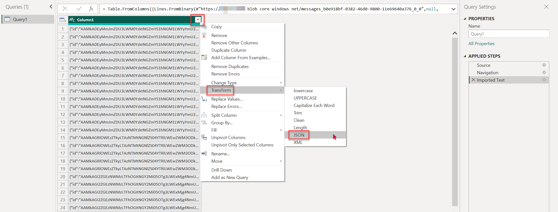 Power BI でデータ列を展開する方法を示すスクリーンショット。