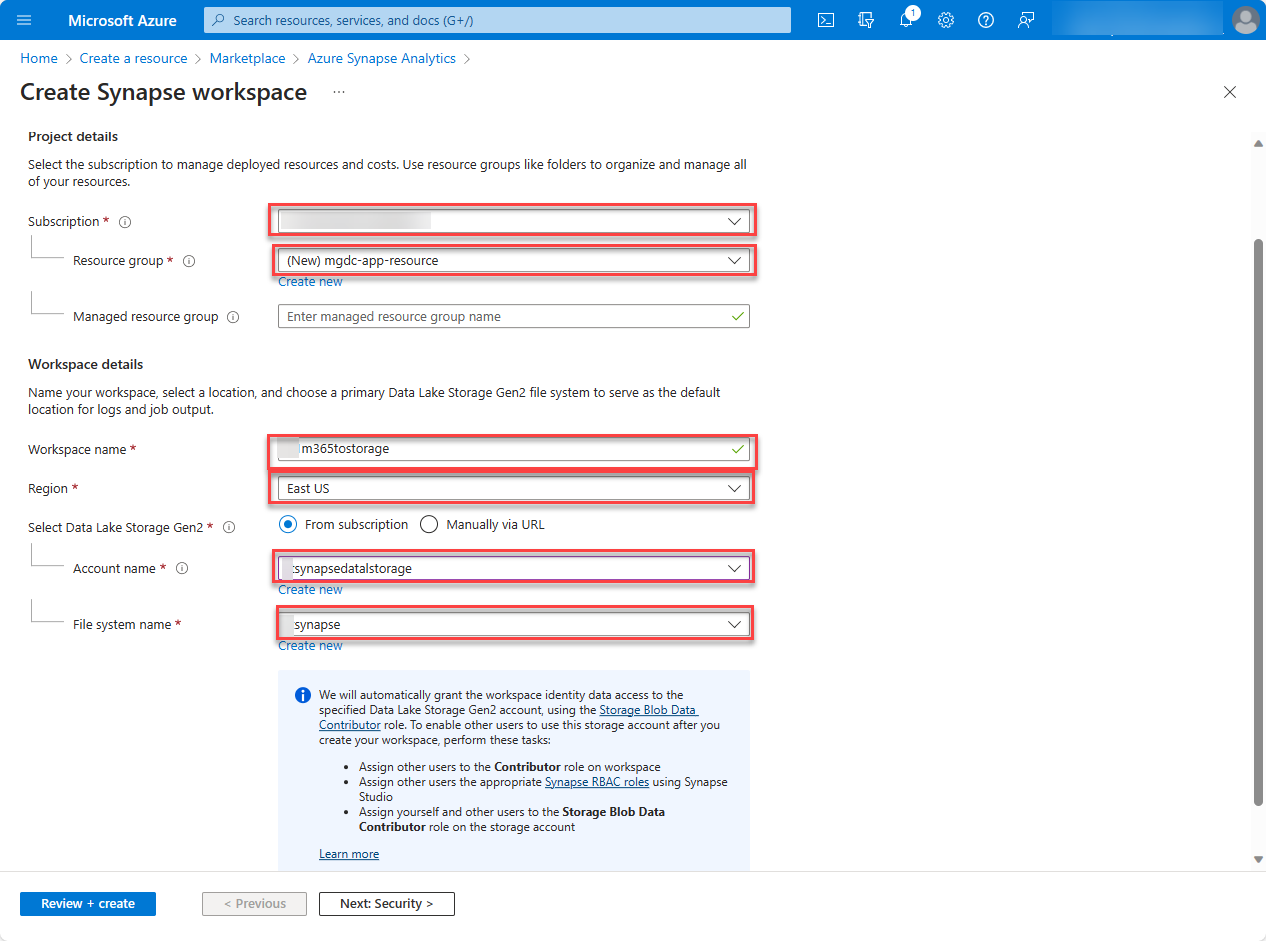 値の入力と確認と作成が強調表示されたフィールドが表示された Azure Synapse Analytics ページのスクリーンショット。