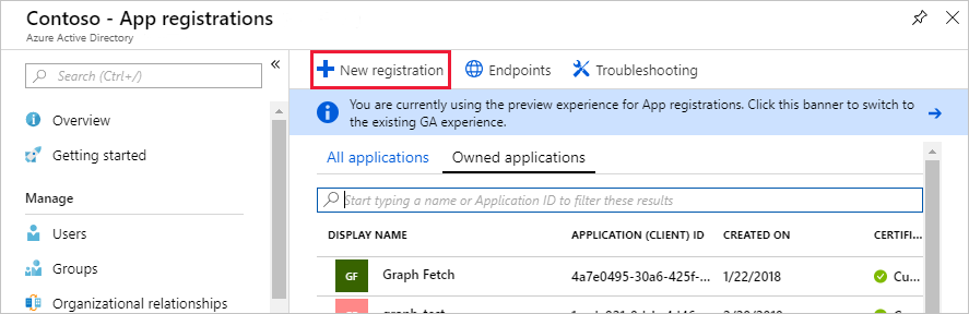 Azure Active Directory 管理センターの [アプリの登録] ブレードのスクリーン ショット