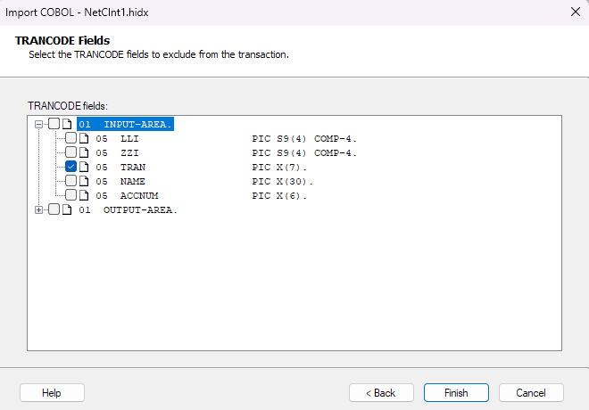 スクリーンショットは、[TRANCODE Fields Area]\(TRANCODE フィールド領域\) ボックスを示しています。