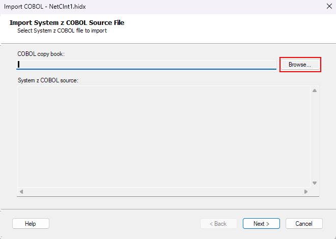 CICS の [System Z COBOL Source File]\(システム Z COBOL ソース ファイルのインポート\) ボックスを示すスクリーンショット。