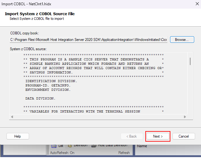 CICS のホスト定義が選択され、事前に読み込まれている [Import System z COBOL Source File]\(システム z COBOL ソース ファイルのインポート\) ボックスを示すスクリーンショット。