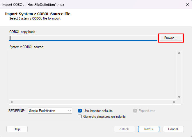 ホスト ファイルの [Import System Z COBOL Source File]\(System Z COBOL ソース ファイルのインポート\) ボックスを示すスクリーンショット。