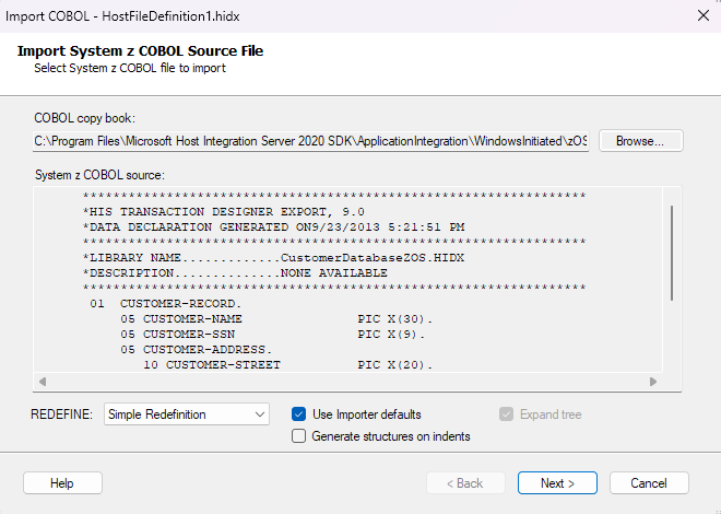 ホスト ファイルのホスト定義が選択され、事前に読み込まれた [Import System z COBOL Source File]\(System z COBOL ソース ファイルのインポート\) ボックスを示すスクリーンショット。