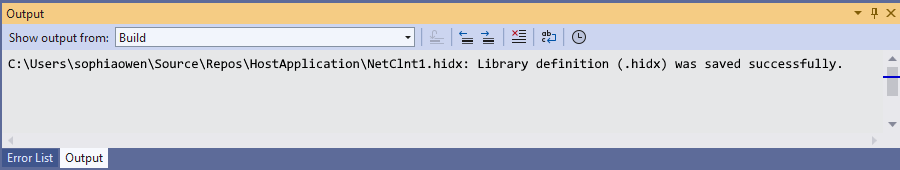 HIDX ファイルの場所が表示された Visual Studio の [出力] ウィンドウを示すスクリーンショット。