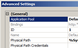 [アプリケーション プール] エントリが強調表示されている [詳細設定] ダイアログ ボックスのスクリーンショット。