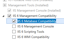 [I I S 6 メタ ベースの互換性] が選択された状態で展開された [管理ツール] と [I S 6 管理互換性] ウィンドウのスクリーンショット。