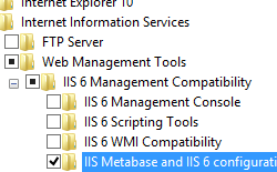 [I I S メタ ベース] と [I S 6 構成の互換性] が選択された状態で展開された [管理ツール] と [I S 6 管理互換性] ウィンドウの画像。