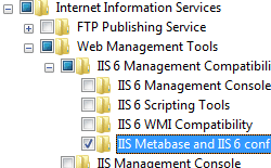 [I I S メタ ベース] と [I S 6 構成の互換性] が強調表示された [インターネット インフォメーション サービス] ウィンドウの画像。