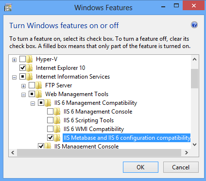 [Windows の機能] ダイアログ ボックスのスクリーンショット。I I SメタベースとI S 6の構成と互換性が強調表示されています。