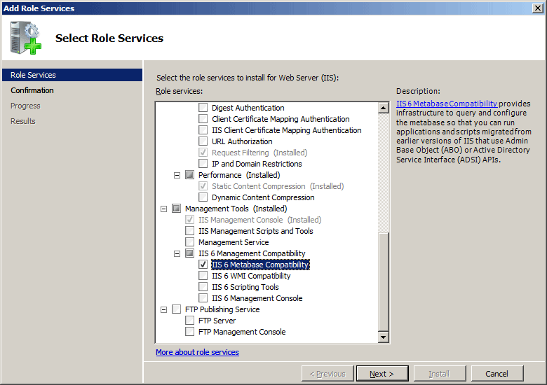 I I S 6 メタベース互換性オプションが強調表示されている [ロール サービスの選択] ページのスクリーンショット。