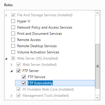 Windows Server 2012 インターフェイスで選択された F T P サービスと F T P 拡張機能のスクリーンショット。