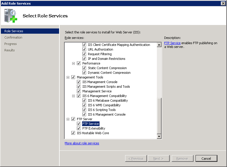 Windows Server 2008 インターフェイスで選択された F T P サービスと F T P 拡張機能のスクリーンショット。