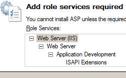 [Web Server I I S] が選択されている [A S P で必要な役割サービスの追加] ダイアログ ボックスのスクリーンショット。