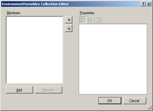 新しい変数を追加する前の空の [環境変数コレクション エディター] ダイアログのスクリーンショット。