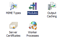 MIME の種類、モジュール、出力キャッシュ、サーバー証明書、ワーカー プロセスというタイトルの 5 つのアイコンのスクリーンショット。[モジュール] というタイトルのアイコンが強調表示されています。