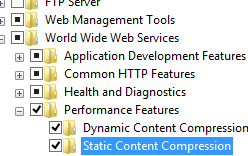 [動的コンテンツ圧縮] と [静的コンテンツ圧縮] が選択されていることを示す[World Wide Web and Performance Features]\(World Wide Web とパフォーマンス機能\) ウィンドウが展開されたスクリーンショット。