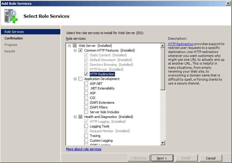 ロール サービスの選択ページが表示されているロール サービスの追加ウィザードのスクリーンショット。ドロップダウン メニューで、H T P リダイレクトが強調表示されています。