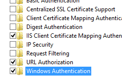 [World Wide Web サービスとセキュリティ] ノードが展開されているスクリーンショット。Windows 認証が強調表示されています。