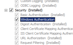 スクリーンショットには、[セキュリティ] ウィンドウが展開され、[Windows 認証] が選択されている役割サービスの追加ウィザードの [役割サービスの選択] ページが表示されます。