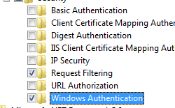 [Windows 認証] が強調表示された [World Wide Web サービスとセキュリティ] ウィンドウのスクリーンショット。