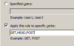 [このルールを特定の動詞に適用する] ボックスに入力された動詞を示す[特定の H T T P 動詞のすべてのユーザーに許可ルールを追加する] ダイアログ ボックスの画像。