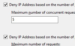 [操作] ウィンドウのスクリーンショット。一定期間にわたる要求の数に基づいて [Deny I P Address]\(拒否 I P アドレス\) フィールドが表示されています。