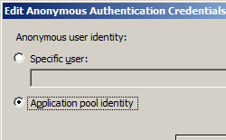 [匿名認証資格情報の編集] ダイアログ ボックスを示すスクリーンショット。アプリケーション プール ID が選択されています。