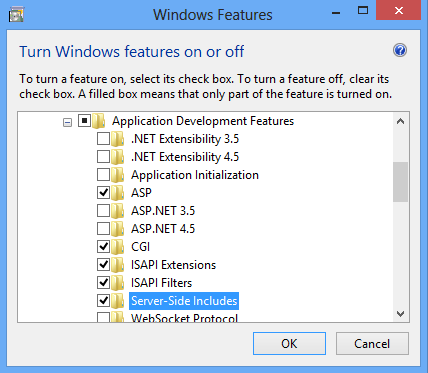 Screenshot of Server Side Includes selected in a Windows 8 interface.