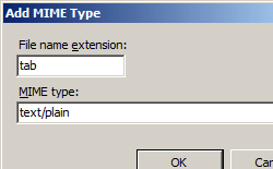 [MIME の種類の追加] ダイアログ ボックスを示すスクリーンショット。[ファイル名拡張子] ボックスにタブが入力されます。MIME タイプのテキスト ボックスにテキストスラッシュプレーンが入力されます。