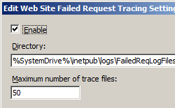 [Edit Web Site Failed Request Tracing Settings]\(Web サイトの失敗した要求トレース設定の編集\) ダイアログ ボックスの画像。[ディレクトリ] フィールドに入力するコマンドと、表示されるトレース ファイルの最大数が表示されます。