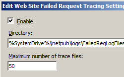 [Edit Web Site Failed Request Tracing Settings]\(Web サイトの失敗した要求トレース設定の編集\) ダイアログ ボックスのスクリーンショット。ディレクトリと、設定されたトレースされたファイルの最大数が表示されています。